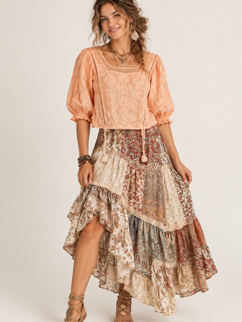 Democracy Peach Crochet-Trim Puff Sleeve Boho Blouse